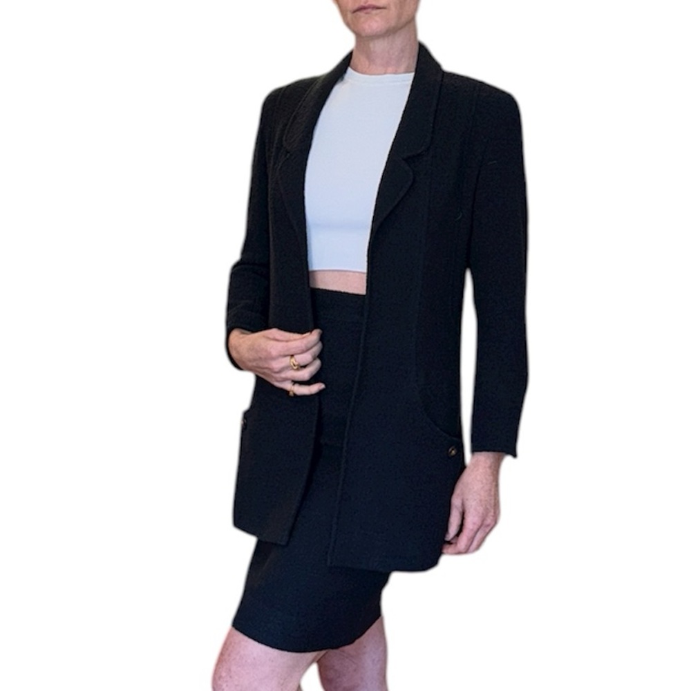 Vintage 1994 CHANEL Black Boucle mini skirt suit with open front jacket sz 34